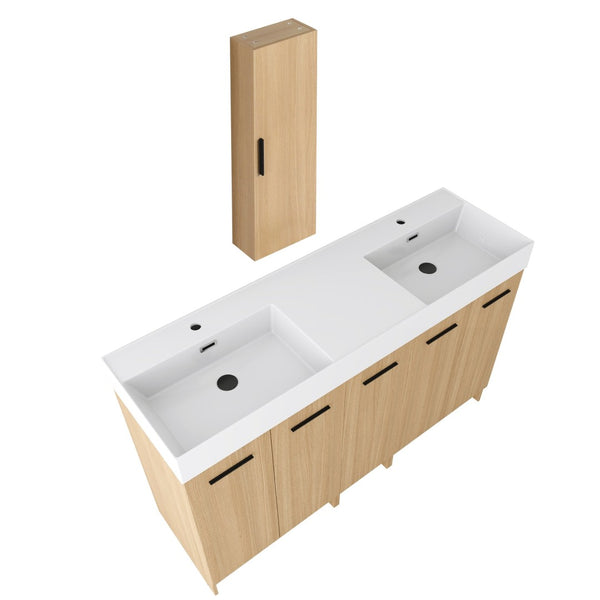 English Elm 60 Inch Double Sink Vanity Set with Linen Tower Light Oak Soft Close Plywood Bath W3450S00121