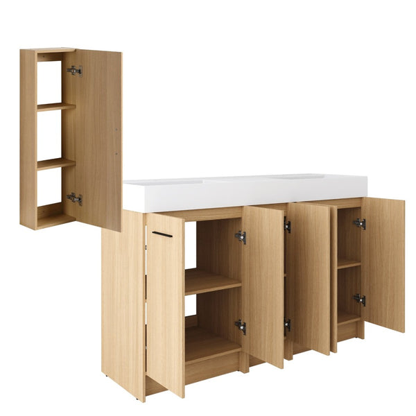 English Elm 60 Inch Double Sink Vanity Set with Linen Tower Light Oak Soft Close Plywood Bath W3450S00121