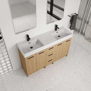 English Elm 60 Inch Double Sink Freestanding Bathroom Vanity Light Oak Resin Top Soft Close W3450S00122