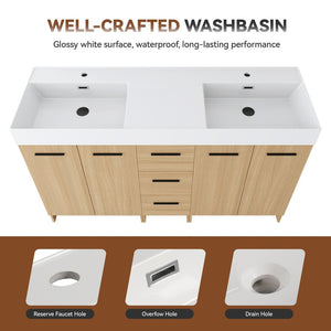 English Elm 60 Inch Double Sink Freestanding Bathroom Vanity Light Oak Resin Top Soft Close W3450S00122