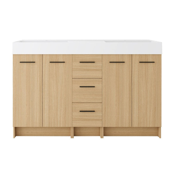 English Elm 60 Inch Double Sink Freestanding Bathroom Vanity Light Oak Resin Top Soft Close W3450S00122