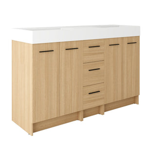 English Elm 60 Inch Double Sink Freestanding Bathroom Vanity Light Oak Resin Top Soft Close W3450S00122