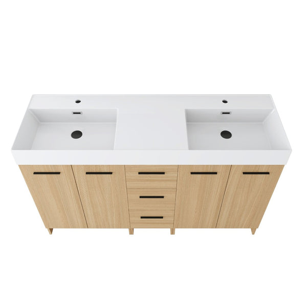 English Elm 60 Inch Double Sink Freestanding Bathroom Vanity Light Oak Resin Top Soft Close W3450S00122