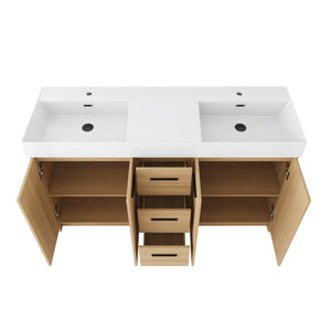 English Elm 60 Inch Double Sink Freestanding Bathroom Vanity Light Oak Resin Top Soft Close W3450S00122