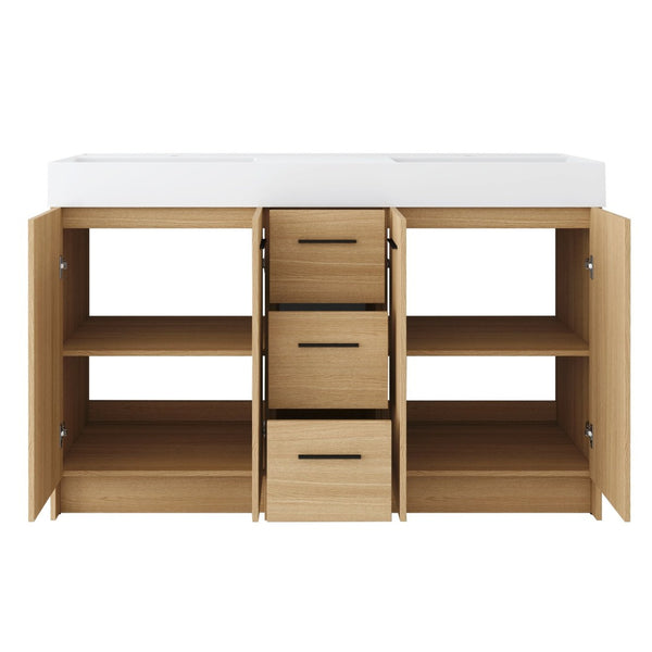 English Elm 60 Inch Double Sink Freestanding Bathroom Vanity Light Oak Resin Top Soft Close W3450S00122