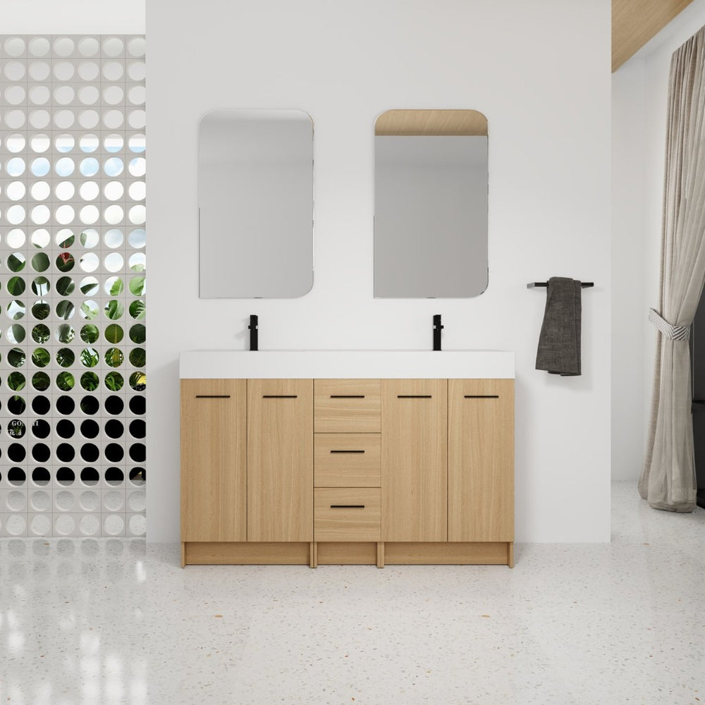 English Elm 60 Inch Double Sink Freestanding Bathroom Vanity Light Oak Resin Top Soft Close W3450S00122