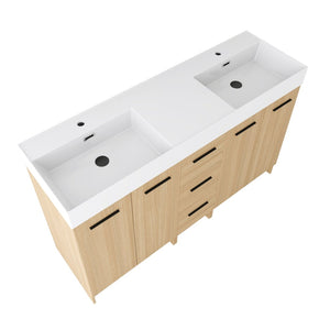 English Elm 60 Inch Double Sink Freestanding Bathroom Vanity Light Oak Resin Top Soft Close W3450S00122