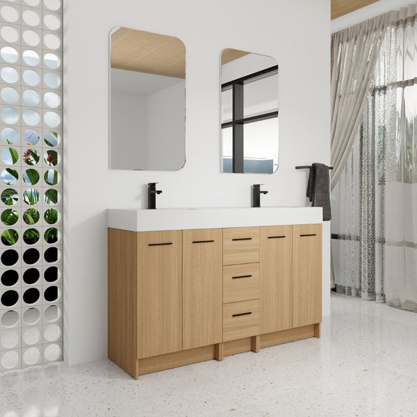 English Elm 60 Inch Double Sink Freestanding Bathroom Vanity Light Oak Resin Top Soft Close W3450S00122