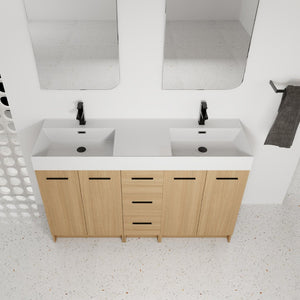 English Elm 60 Inch Double Sink Freestanding Bathroom Vanity Light Oak Resin Top Soft Close W3450S00122