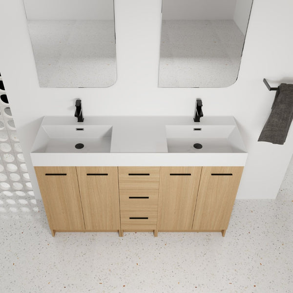 English Elm 60 Inch Double Sink Freestanding Bathroom Vanity Light Oak Resin Top Soft Close W3450S00122