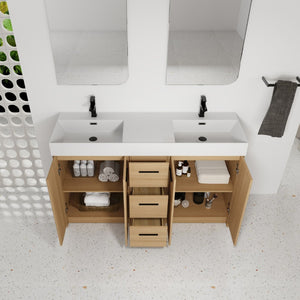 English Elm 60 Inch Double Sink Freestanding Bathroom Vanity Light Oak Resin Top Soft Close W3450S00122
