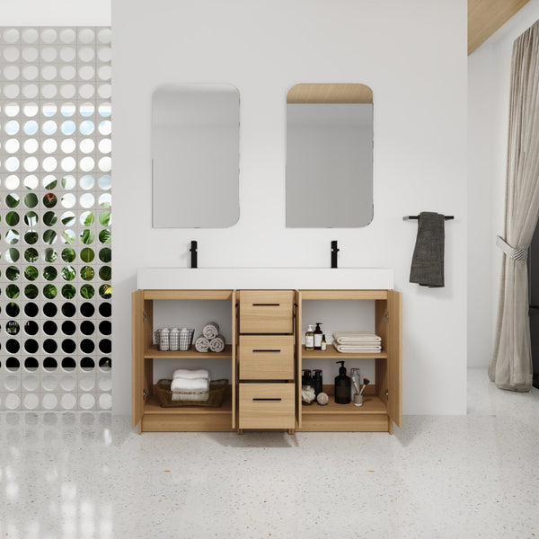 English Elm 60 Inch Double Sink Freestanding Bathroom Vanity Light Oak Resin Top Soft Close W3450S00122