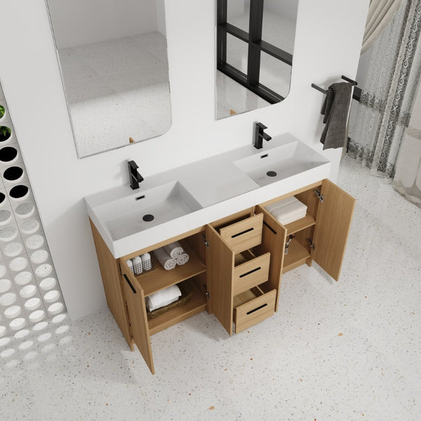 English Elm 60 Inch Double Sink Freestanding Bathroom Vanity Light Oak Resin Top Soft Close W3450S00122