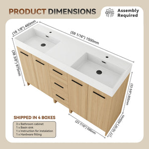 English Elm 60 Inch Double Sink Freestanding Bathroom Vanity Light Oak Resin Top Soft Close W3450S00122