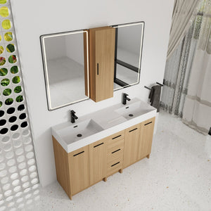 English Elm 60 Inch Double Sink Vanity Set with Linen Tower Light Oak Warm Contemporary Bath W3450S00123
