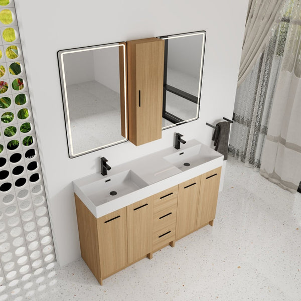 English Elm 60 Inch Double Sink Vanity Set with Linen Tower Light Oak Warm Contemporary Bath W3450S00123