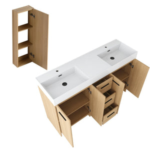 English Elm 60 Inch Double Sink Vanity Set with Linen Tower Light Oak Warm Contemporary Bath W3450S00123