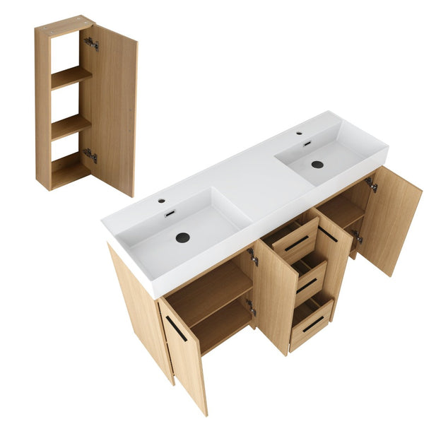English Elm 60 Inch Double Sink Vanity Set with Linen Tower Light Oak Warm Contemporary Bath W3450S00123