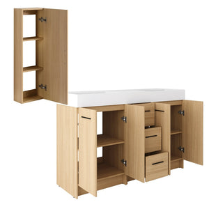 English Elm 60 Inch Double Sink Vanity Set with Linen Tower Light Oak Warm Contemporary Bath W3450S00123