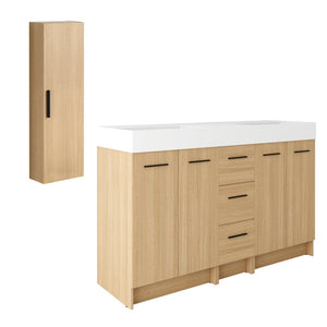 English Elm 60 Inch Double Sink Vanity Set with Linen Tower Light Oak Warm Contemporary Bath W3450S00123