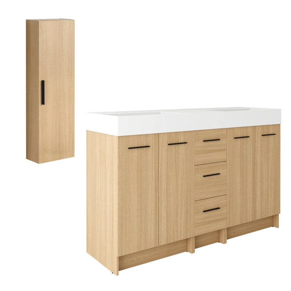 English Elm 60 Inch Double Sink Vanity Set with Linen Tower Light Oak Warm Contemporary Bath W3450S00123