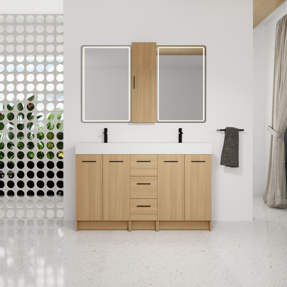 English Elm 60 Inch Double Sink Vanity Set with Linen Tower Light Oak Warm Contemporary Bath W3450S00123