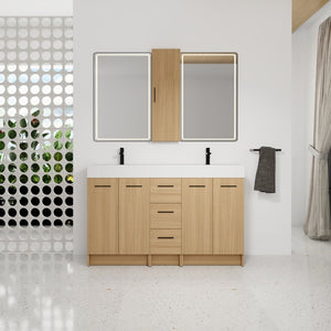 English Elm 60 Inch Double Sink Vanity Set with Linen Tower Light Oak Warm Contemporary Bath W3450S00123