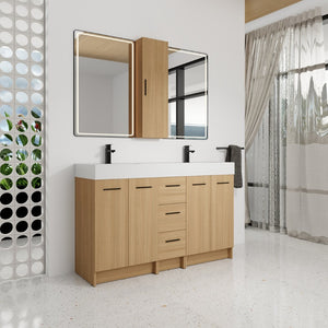 English Elm 60 Inch Double Sink Vanity Set with Linen Tower Light Oak Warm Contemporary Bath W3450S00123