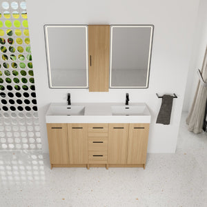 English Elm 60 Inch Double Sink Vanity Set with Linen Tower Light Oak Warm Contemporary Bath W3450S00123