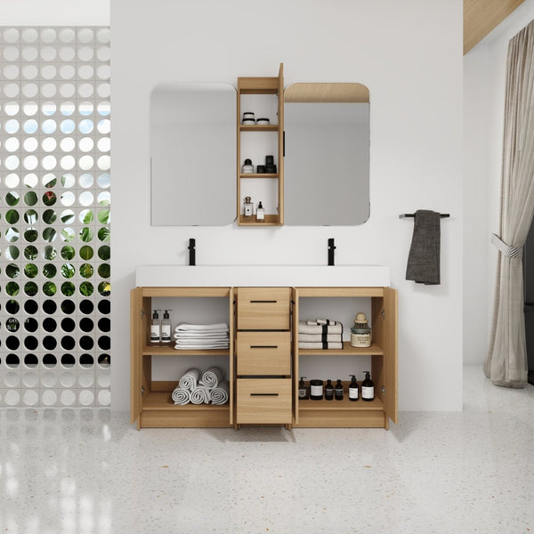 English Elm 60 Inch Double Sink Vanity Set with Linen Tower Light Oak Warm Contemporary Bath W3450S00123