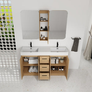 English Elm 60 Inch Double Sink Vanity Set with Linen Tower Light Oak Warm Contemporary Bath W3450S00123