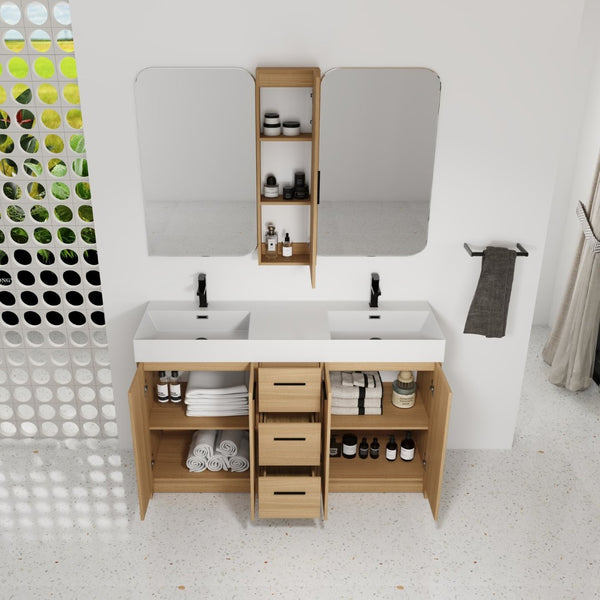 English Elm 60 Inch Double Sink Vanity Set with Linen Tower Light Oak Warm Contemporary Bath W3450S00123
