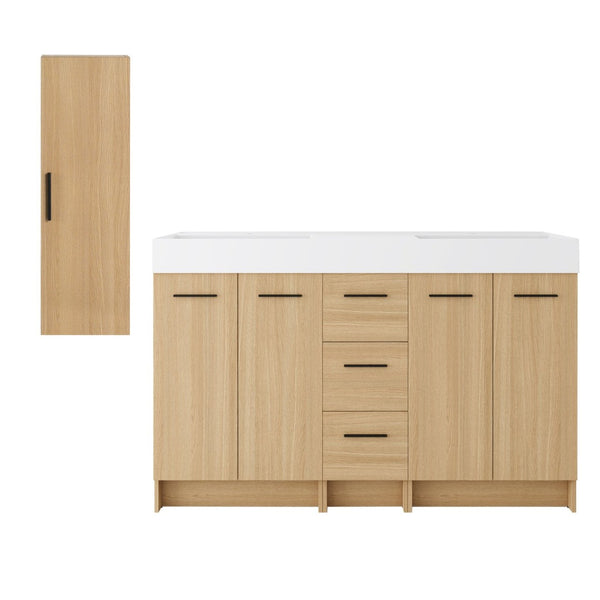 English Elm 60 Inch Double Sink Vanity Set with Linen Tower Light Oak Warm Contemporary Bath W3450S00123