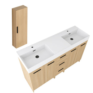 English Elm 60 Inch Double Sink Vanity Set with Linen Tower Light Oak Warm Contemporary Bath W3450S00123