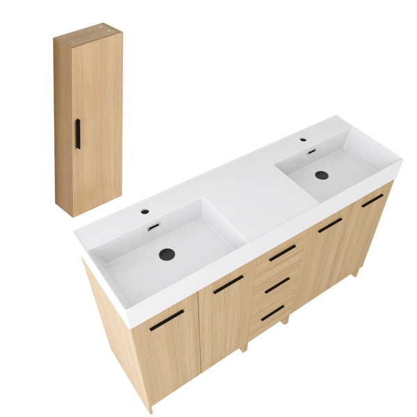 English Elm 60 Inch Double Sink Vanity Set with Linen Tower Light Oak Warm Contemporary Bath W3450S00123