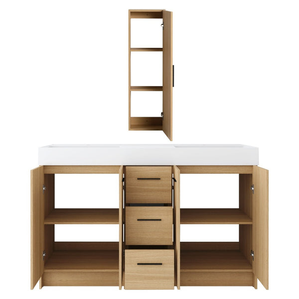 English Elm 60 Inch Double Sink Vanity Set with Linen Tower Light Oak Warm Contemporary Bath W3450S00123