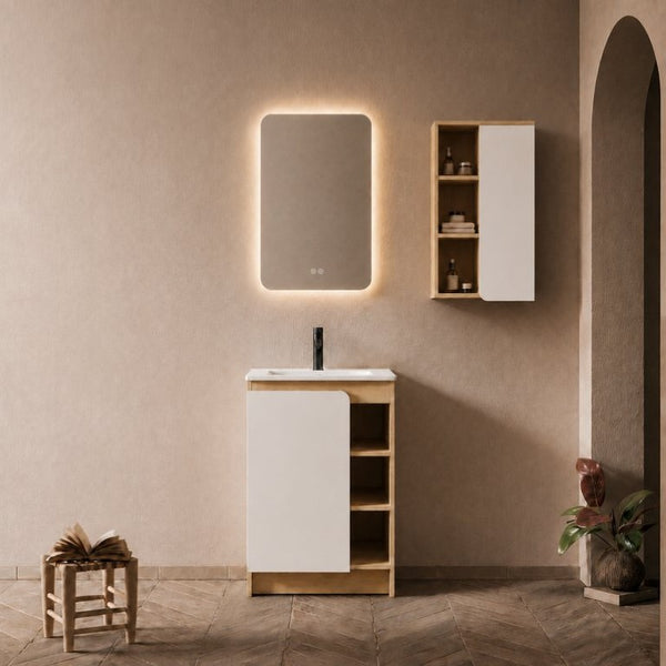 English Elm 24 Inch Modern Oak Bathroom Vanity Set with Ceramic Sink and Interchangeable Door Panels Wall-Mounted Side Cabinet W3450S00144