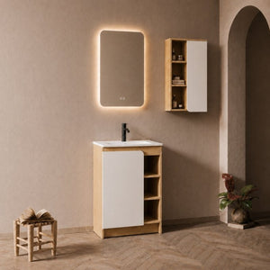 English Elm 24 Inch Modern Oak Bathroom Vanity Set with Ceramic Sink and Interchangeable Door Panels Wall-Mounted Side Cabinet W3450S00144