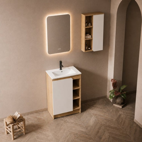 English Elm 24 Inch Modern Oak Bathroom Vanity Set with Ceramic Sink and Interchangeable Door Panels Wall-Mounted Side Cabinet W3450S00144