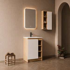 English Elm 24 Inch Modern Oak Bathroom Vanity Set with Ceramic Sink and Interchangeable Door Panels Wall-Mounted Side Cabinet W3450S00144