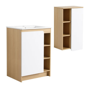 English Elm 24 Inch Modern Oak Bathroom Vanity Set with Ceramic Sink and Interchangeable Door Panels Wall-Mounted Side Cabinet W3450S00144