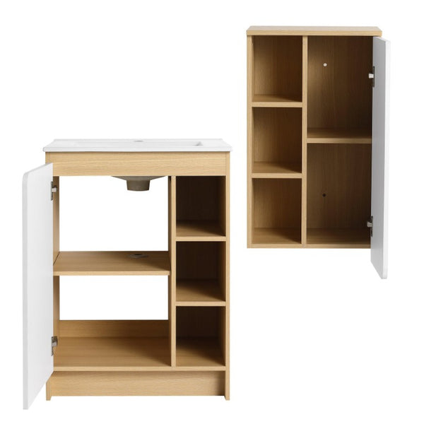 English Elm 24 Inch Modern Oak Bathroom Vanity Set with Ceramic Sink and Interchangeable Door Panels Wall-Mounted Side Cabinet W3450S00144