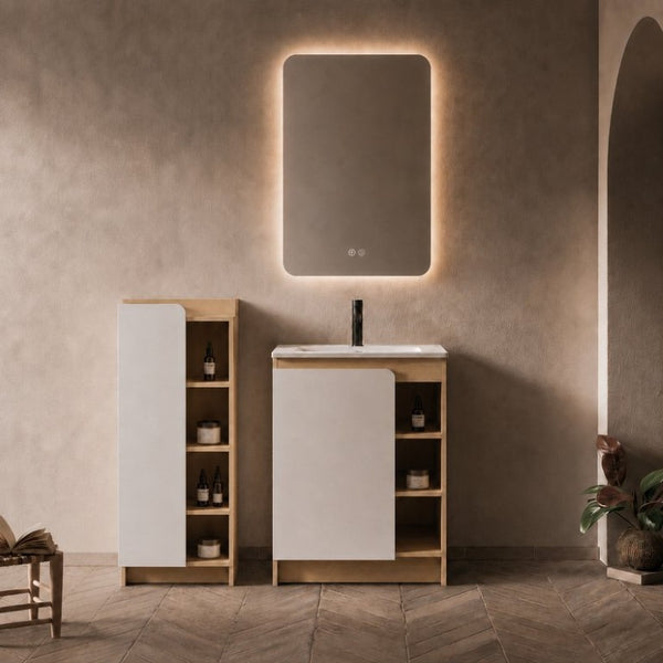 English Elm 24 Inch Modern Oak Bathroom Vanity Set with Ceramic Sink and Interchangeable Door Panels Tall Bathroom Cabinet W3450S00145