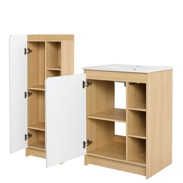 English Elm 24 Inch Modern Oak Bathroom Vanity Set with Ceramic Sink and Interchangeable Door Panels Tall Bathroom Cabinet W3450S00145