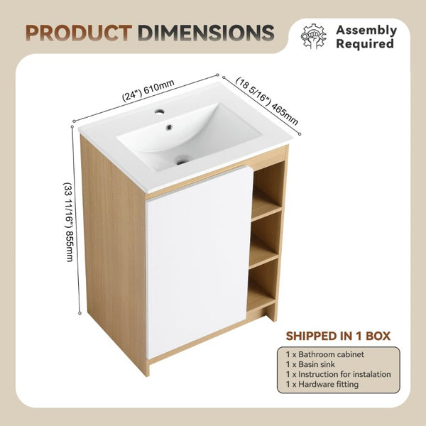 English Elm 24 Inch Modern Oak Bathroom Vanity Set with Ceramic Sink and Interchangeable Door Panels Tall Bathroom Cabinet W3450S00145