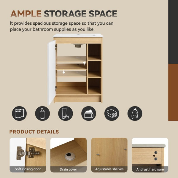 English Elm 24 Inch Modern Oak Bathroom Vanity Set with Ceramic Sink and Interchangeable Door Panels Tall Bathroom Cabinet W3450S00145
