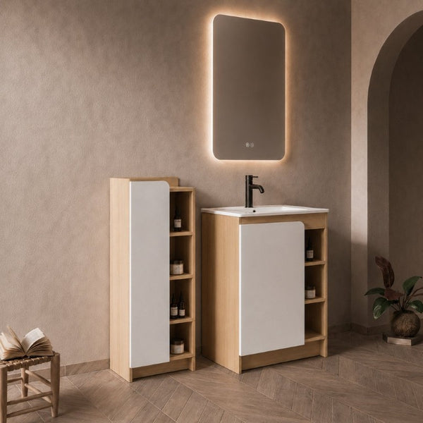 English Elm 24 Inch Modern Oak Bathroom Vanity Set with Ceramic Sink and Interchangeable Door Panels Tall Bathroom Cabinet W3450S00145