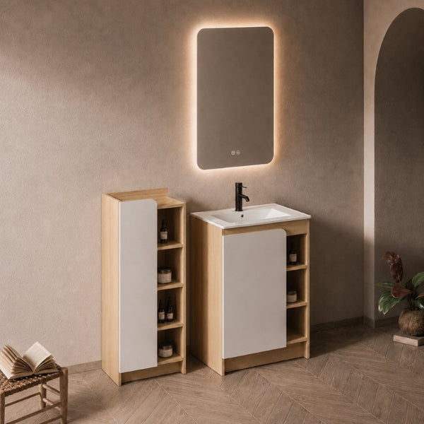 English Elm 24 Inch Modern Oak Bathroom Vanity Set with Ceramic Sink and Interchangeable Door Panels Tall Bathroom Cabinet W3450S00145