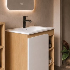 English Elm 24 Inch Modern Oak Bathroom Vanity Set with Ceramic Sink and Interchangeable Door Panels Tall Bathroom Cabinet W3450S00145