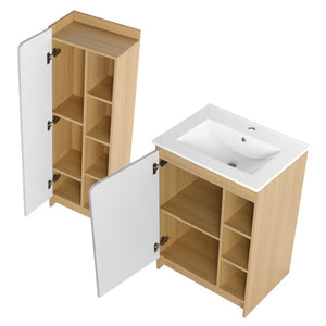 English Elm 24 Inch Modern Oak Bathroom Vanity Set with Ceramic Sink and Interchangeable Door Panels Tall Bathroom Cabinet W3450S00145